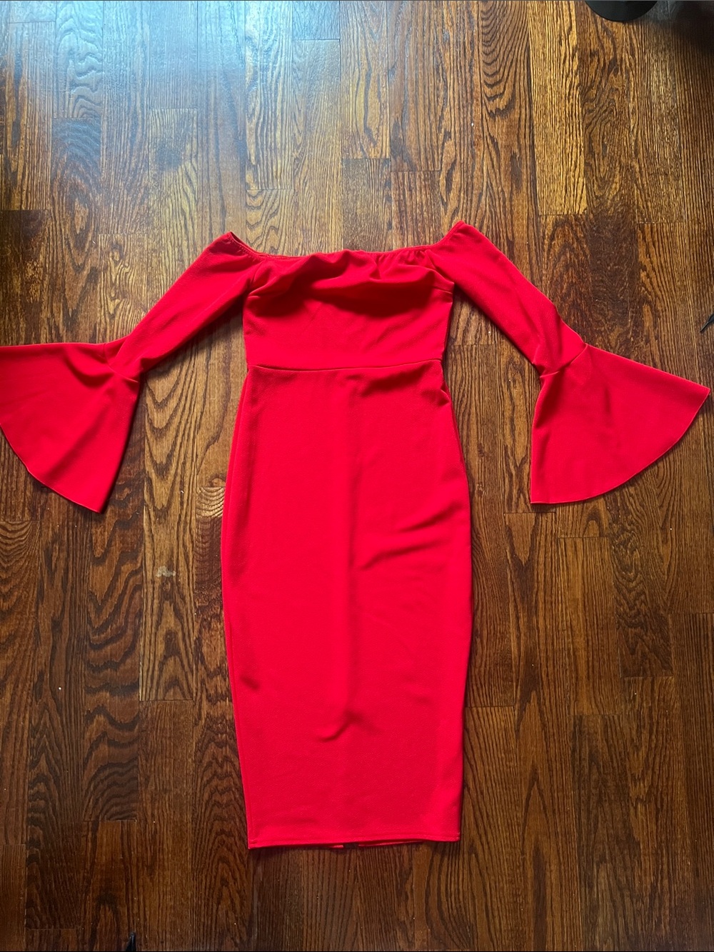 Off-Shoulder Red Bell-Sleeve Bodycon Dress